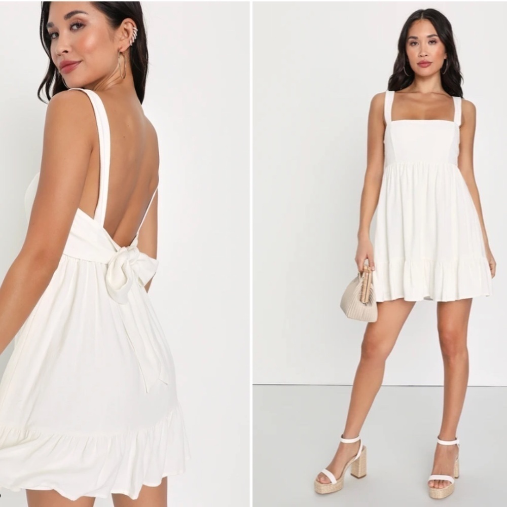 Lulu's White Square Neck Back-Tie Ruffle Mini Dress